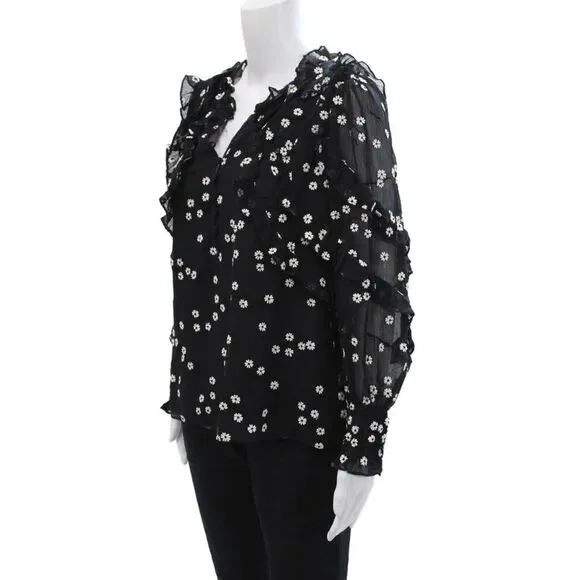 Rebecca Taylor Womens Floral Print Ruffled Button DownBlouse Black White Size 8 - Picture 2 of 7